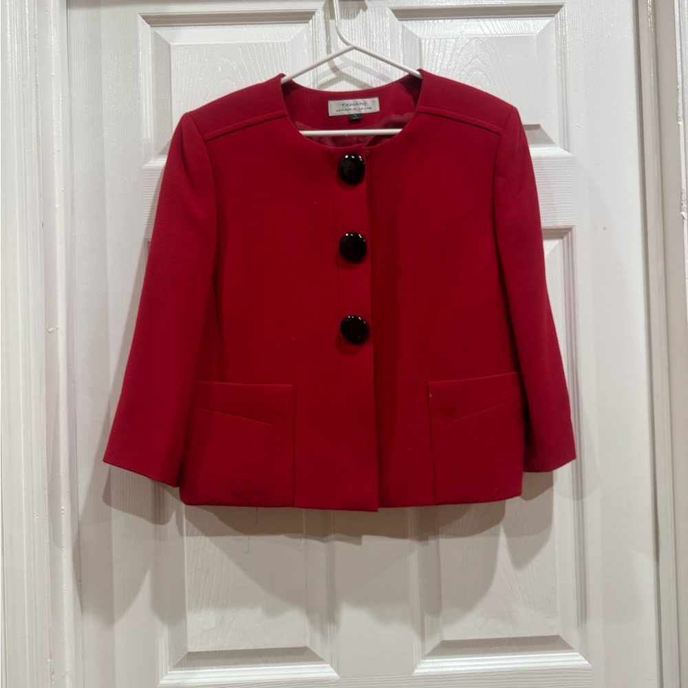 Tahari Red Boxy Blazer with Black Buttons